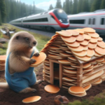 Dall-E 3 - Dave Van Dyke: marmot shingles doghouse with pancakes while bullet trains speed past